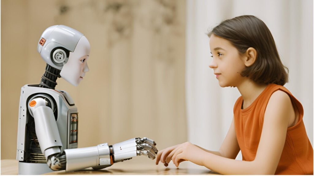A humanoid robot with a simplified face extending its right hand towards a young girl with shoulder-length hair and an orange top, sitting across from each other as if about to interact.