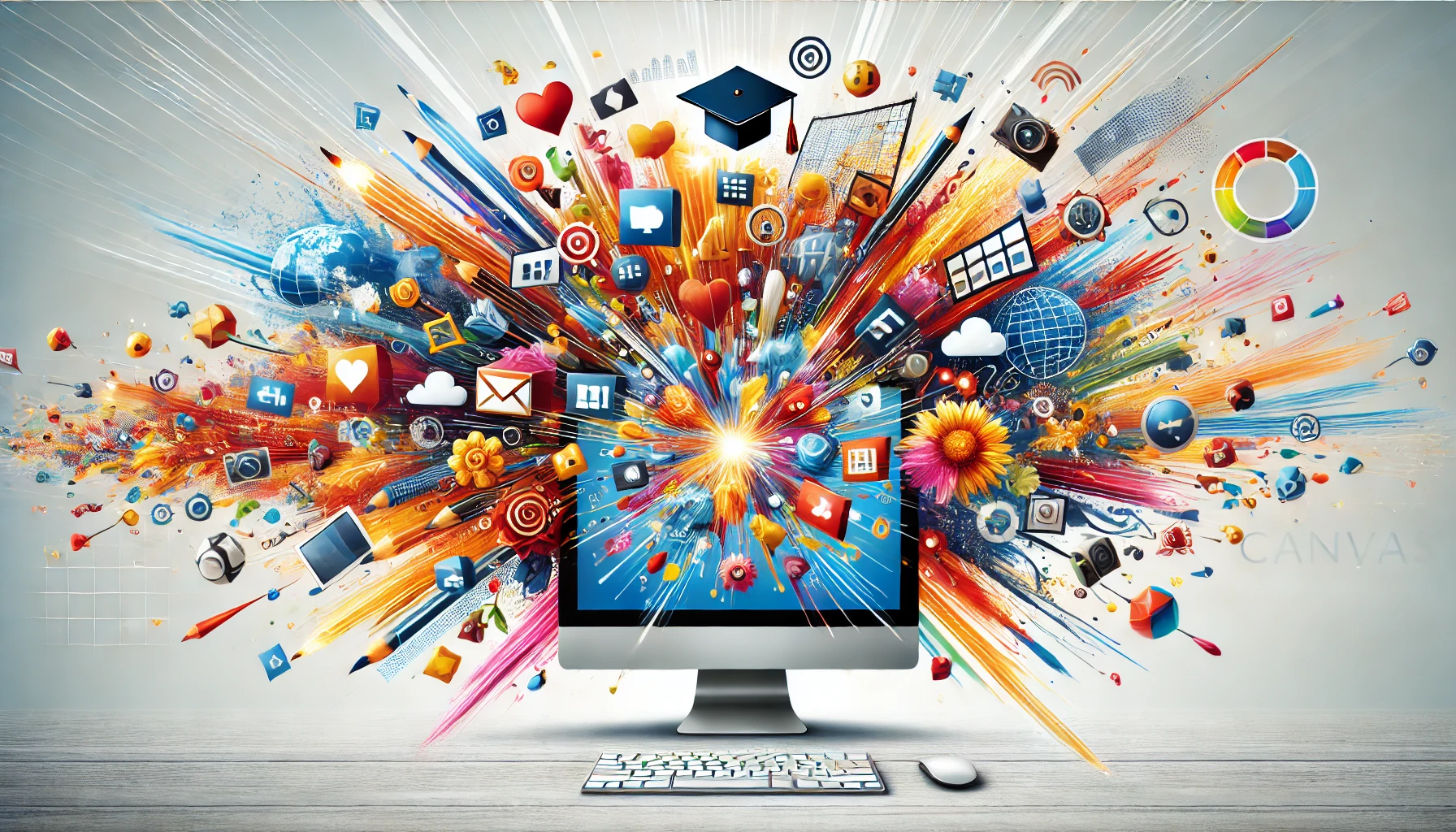 A computer exploding with images
