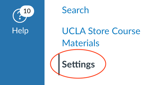 Screenshot of a menu with a blue sidebar on the left displaying a 'Help' button with a notification icon showing the number 10. The main section lists three options: 'Search,' 'UCLA Store Course Materials,' and 'Settings,' with 'Settings' highlighted by a red oval